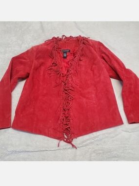 Vintage Dialogue Red Leather Fringe Jacket Large Bohemian Artsy Maximalist Fairy